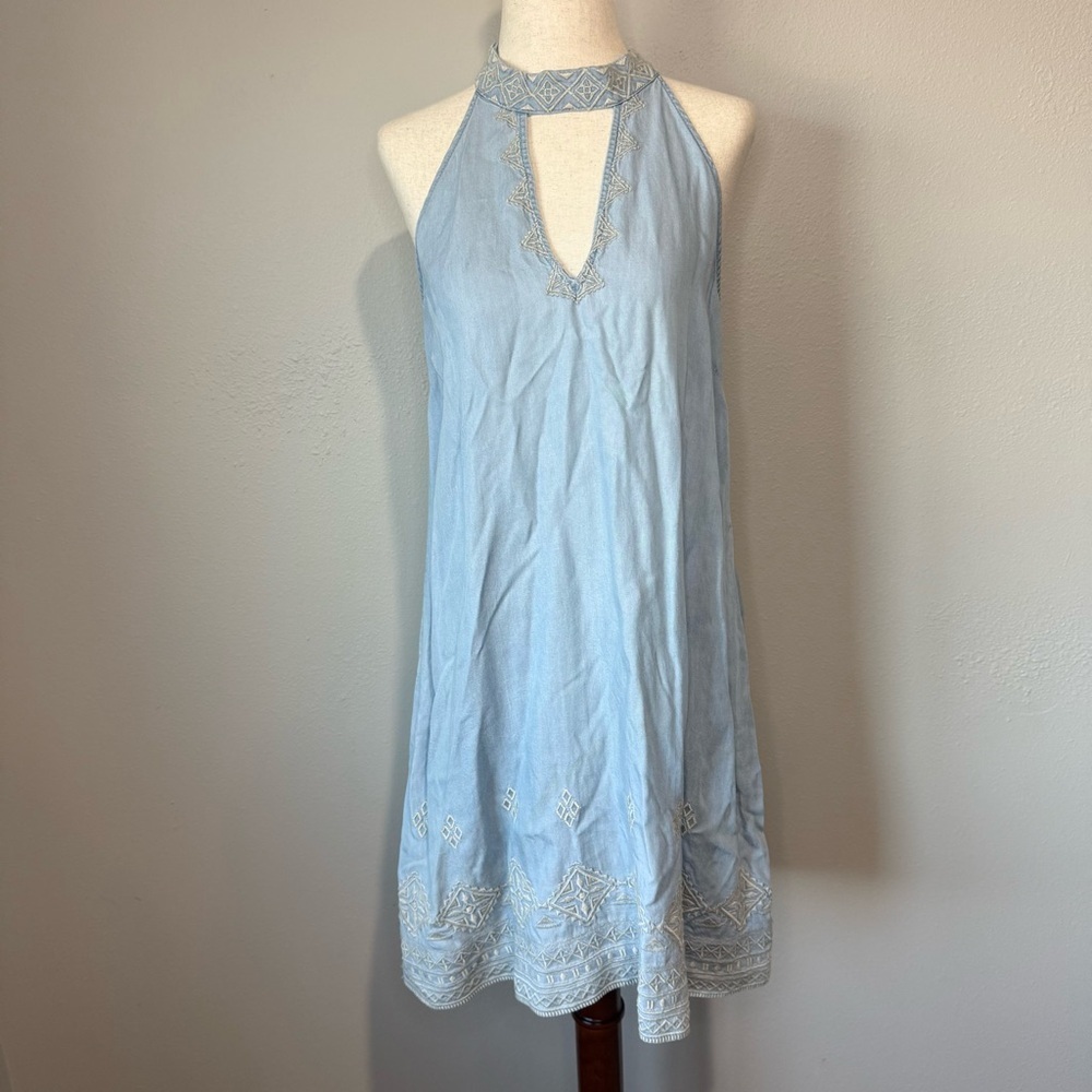 Blu Pepper Light Blue Lyocell Halter Midi Dress Embroidered Boho Resort M